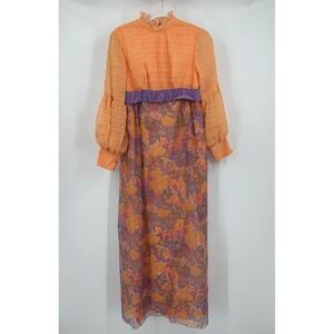 Vintage 70s Womens Prairie Maxi Dress Size S Peach Sheer Floral Boho Cottagecore